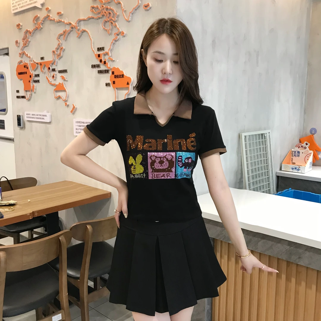 烫钻卡通短袖t恤女夏显瘦百搭设计感撞色Polo领上衣