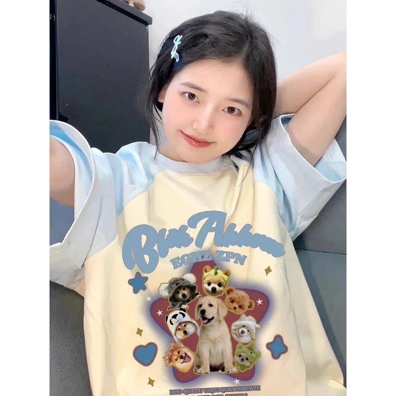 2025新款国潮宽松小狗印花插肩袖短袖男女可爱风甜酷百搭情侣T恤