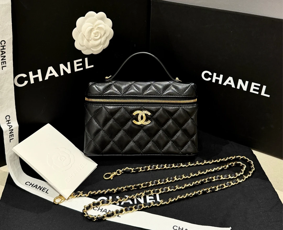 99新 Chanel/香奈儿 25b鸳鸯扣Lp饭盒包新镭射/9446黑色链条包