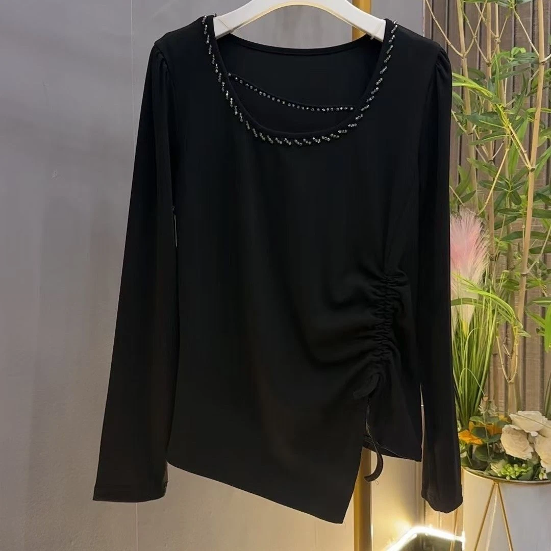 大码镂空长袖打底衫常规显瘦纯色时尚T恤抽褶洋气百搭上衣