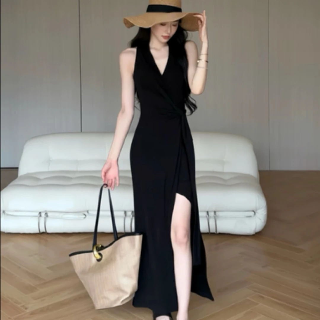 JIJINQI时尚气质修身显瘦法式松紧腰弹力V领连衣裙JD04LZQM051