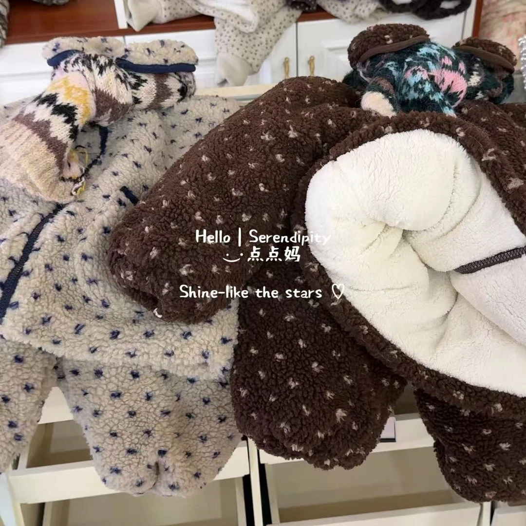 女童居家服2025冬季新款儿童可爱圆点加绒保暖睡衣宝宝加绒套装服