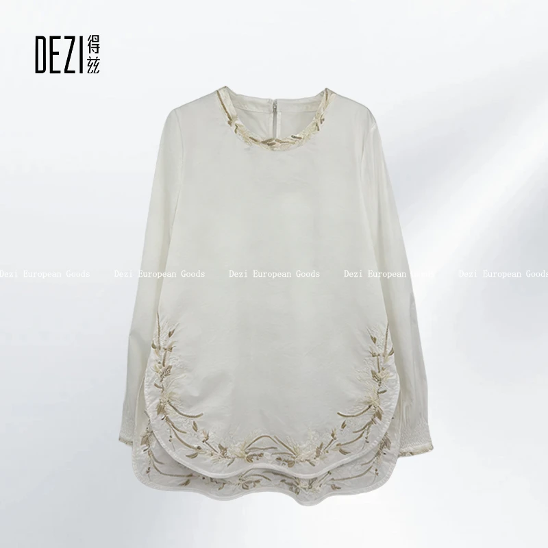DEZI刺绣长袖提花女士秋冬国风衬衫气质春款女装百搭上衣D030699