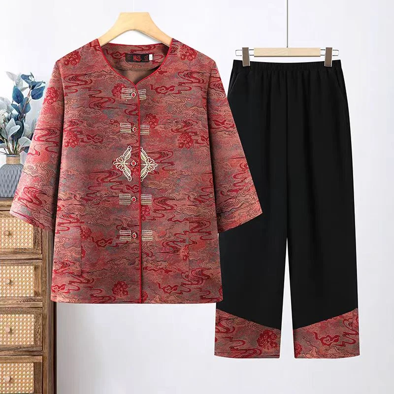 9064-夏季新款新中式中老年中袖时尚减龄妈妈装套装女（康燕）