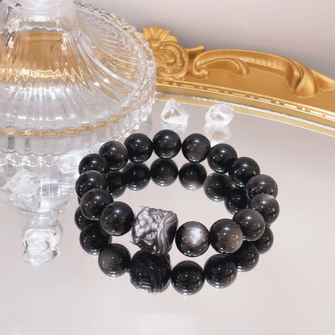 【右手防 · 避 · 挡 】约12mm天然银曜石+银曜石醒狮