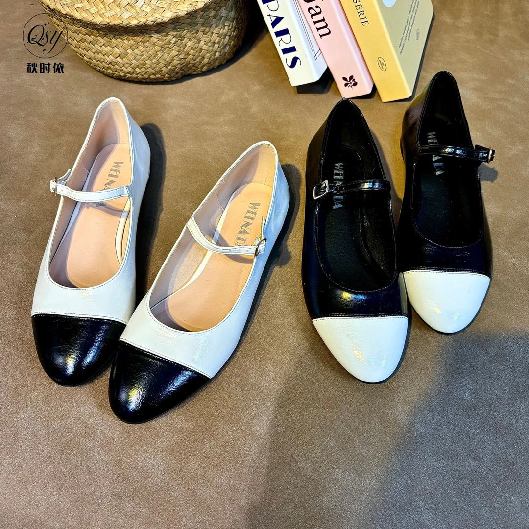 2025春夏新款黑白浅口职场鞋玛丽珍平底鞋