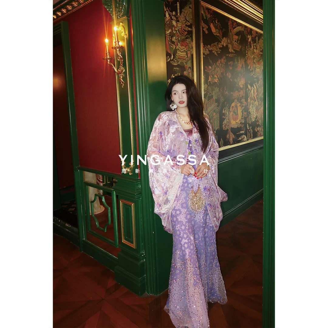 YINGASSA【半院蝴蝶】原创夏款重磅桑蚕丝植绒定位印花钉珠开衫外套