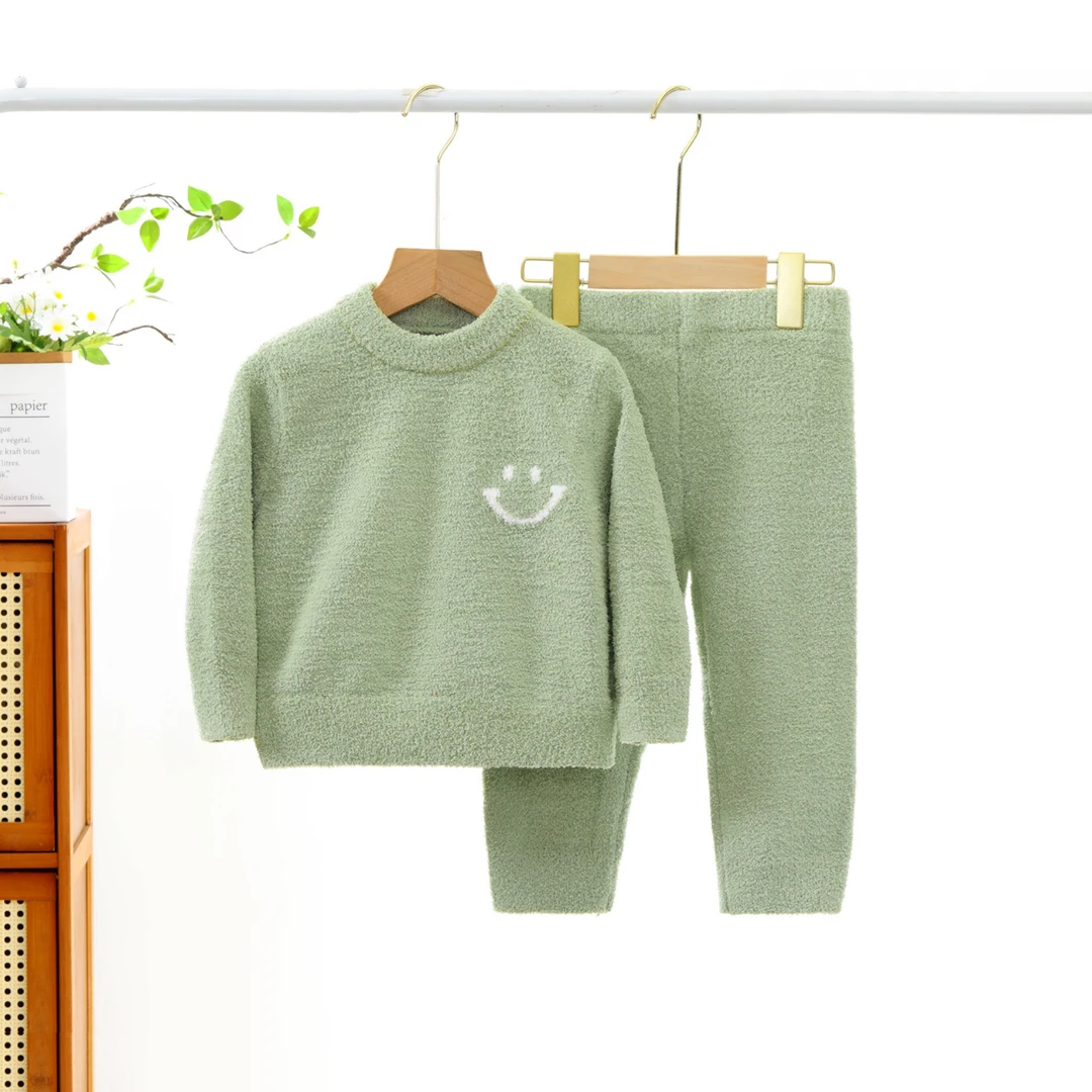 米巴布秋冬儿童新款软绵绵中小男女童舒适居家笑脸提花套装9021