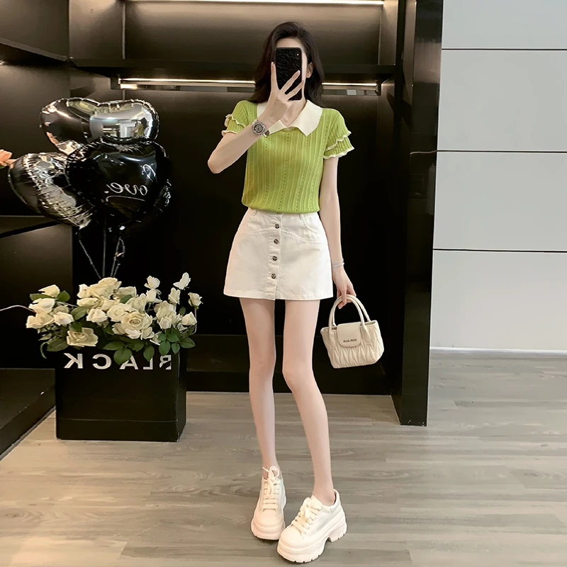 针织衫正肩T恤女娃娃领短款上衣白色牛仔短裙裤裙小个子短裤a字裙