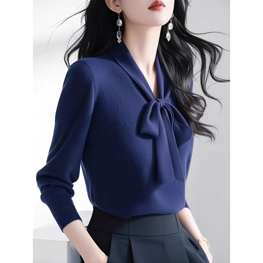 YY#时尚复古蓝色蝴蝶结长袖毛衣针织衫女春季新款百搭DY12383