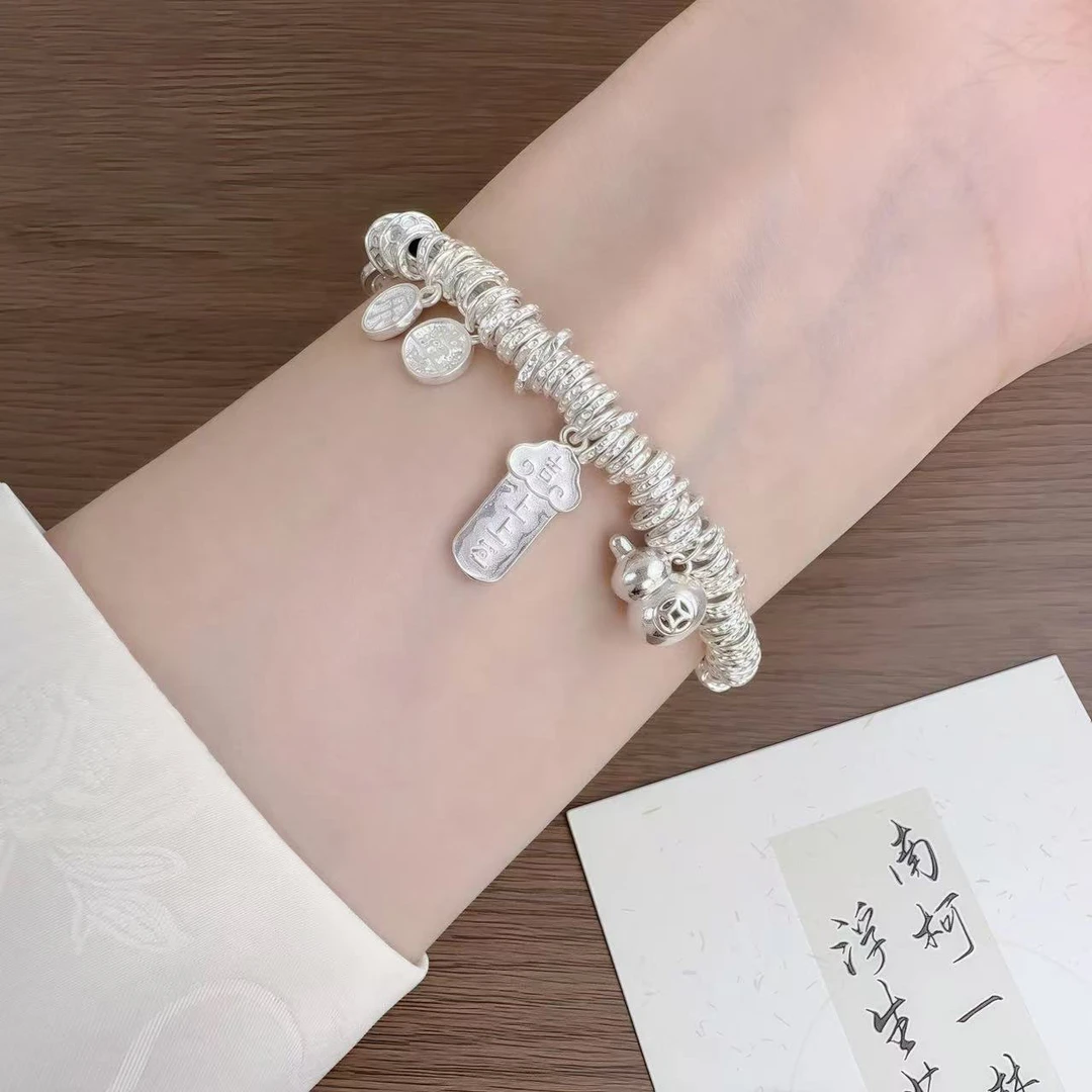 足银手链 上上签五帝钱盘缠纯银手链喜乐葫芦足银999手链实心百搭