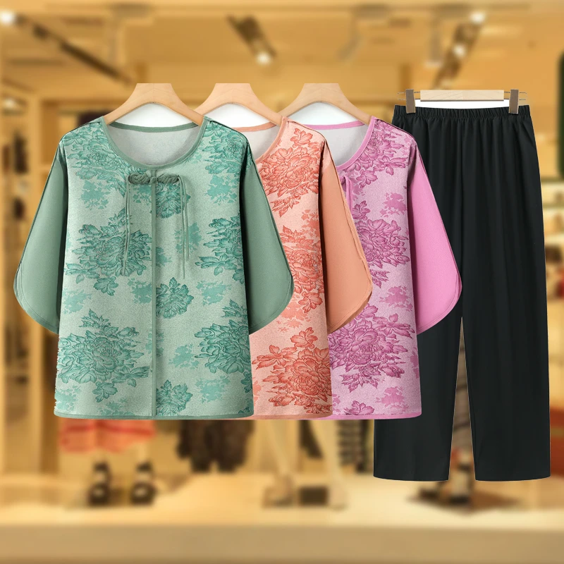 中老年人妈妈夏季七分袖套装新款奶奶衬衫老人老太太夏装女两件套