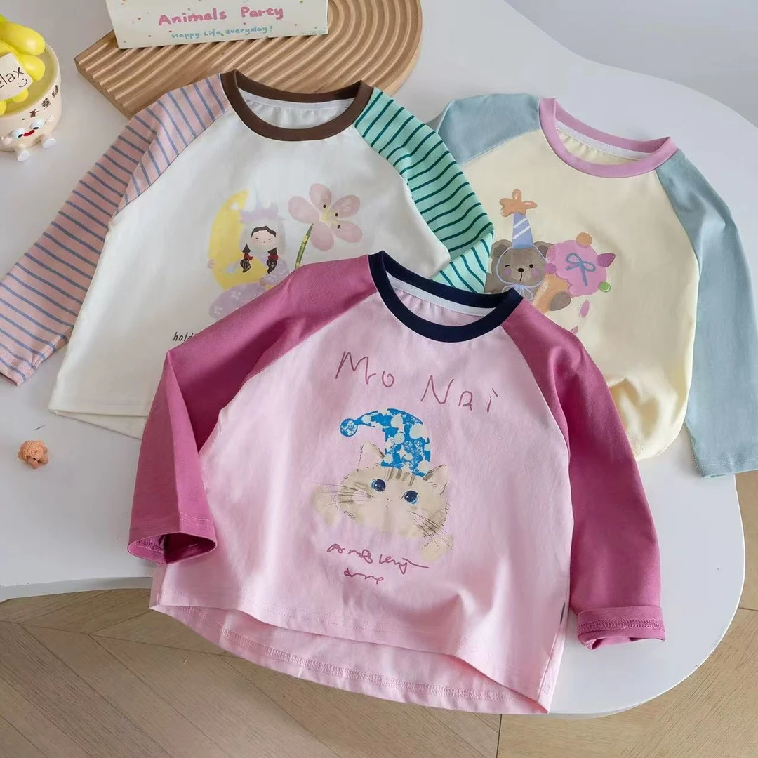 宝宝春秋季韩版百搭可爱打底衫2025新款卡通动漫撞色插肩袖T恤