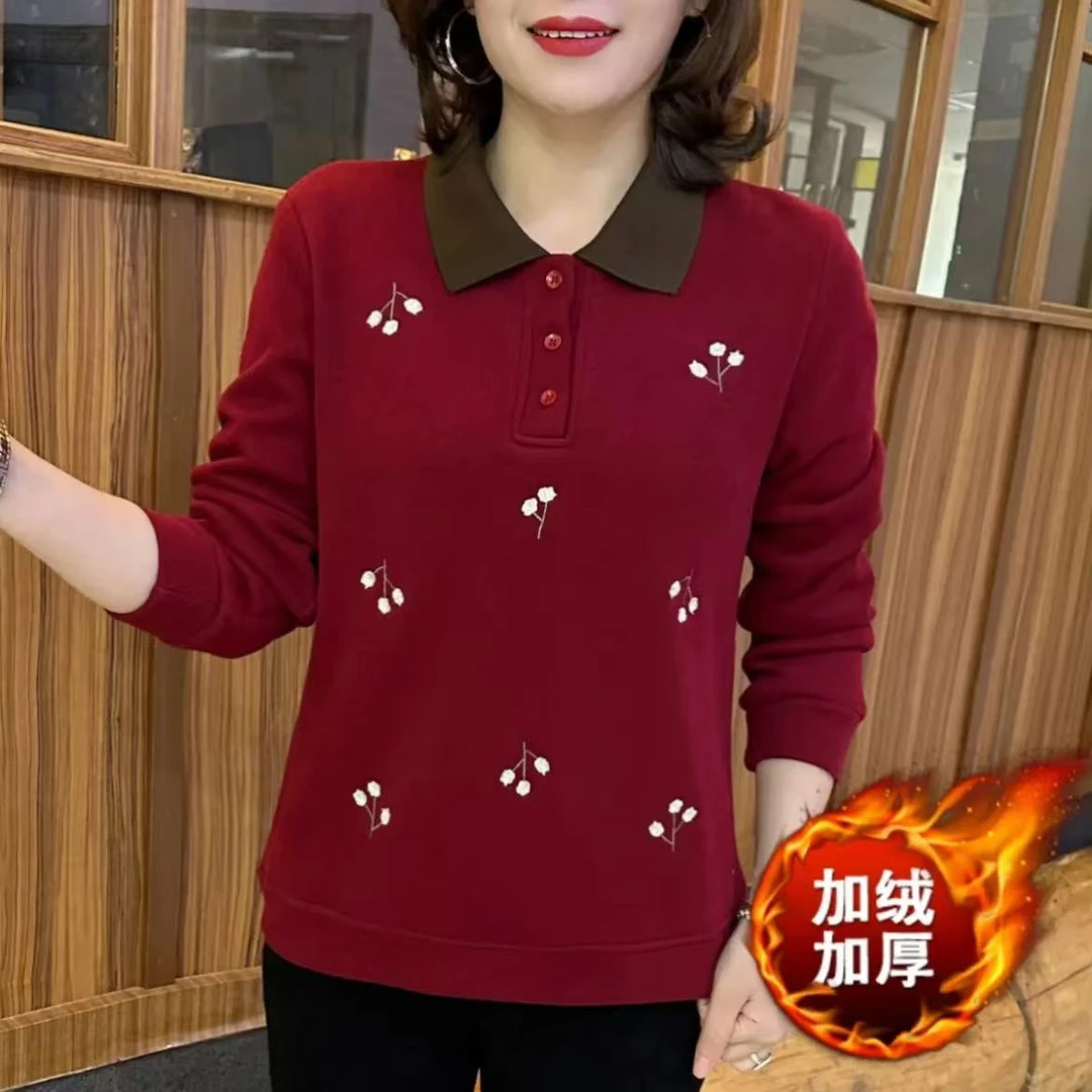 加绒加厚保暖冬季新款女士上衣POLO领时尚刺绣小花宽松显瘦卫衣