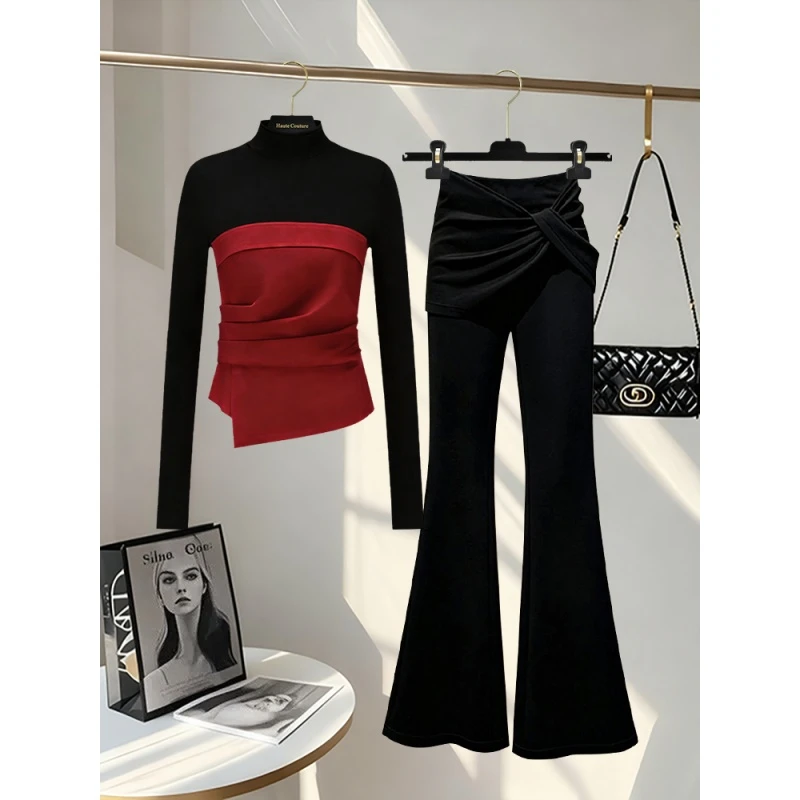2025新款小众打底衫黑色拼接半高领褶皱长袖t恤百搭黑色裤子套装