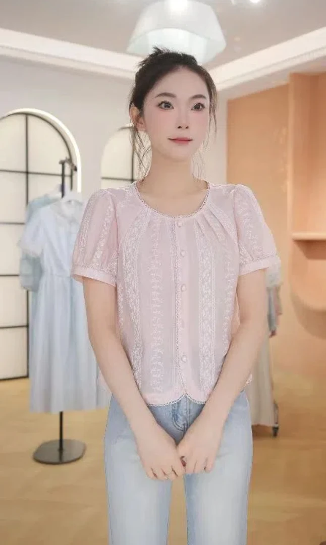 F2960宽松休闲圆领短袖衬衫夏季2025新款时尚小清新显瘦小衫上衣