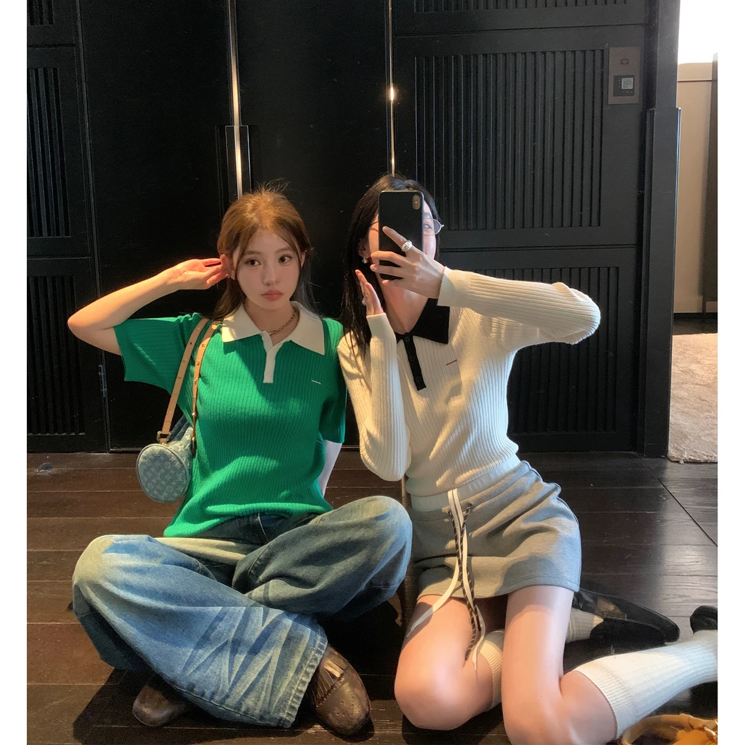 区区欧阳 翻领针织衫春季新款慵懒风毛衣美式复古修身长/短袖上衣