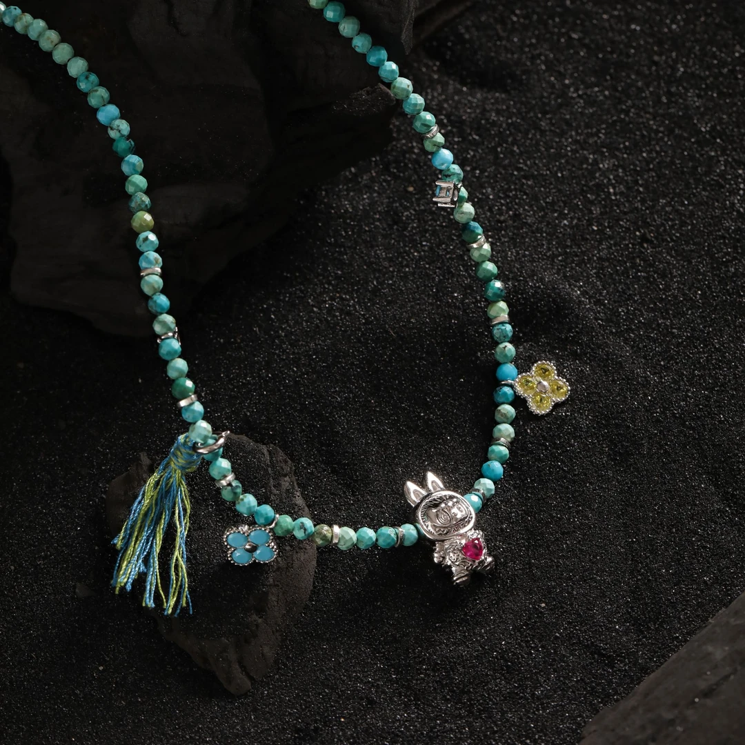 链子925银 大头姐N18382<拉布布>粉锆爱心兔子四叶草蓝珠项链