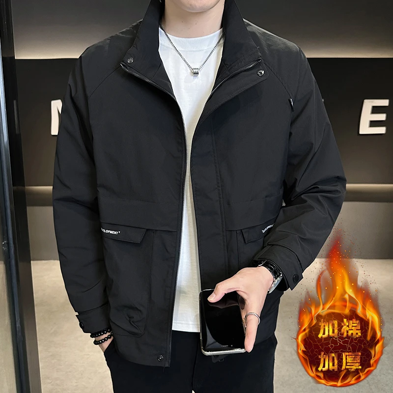 立领百搭秋冬夹克时尚休闲男外套加棉保暖大口袋工装男装二棉上衣