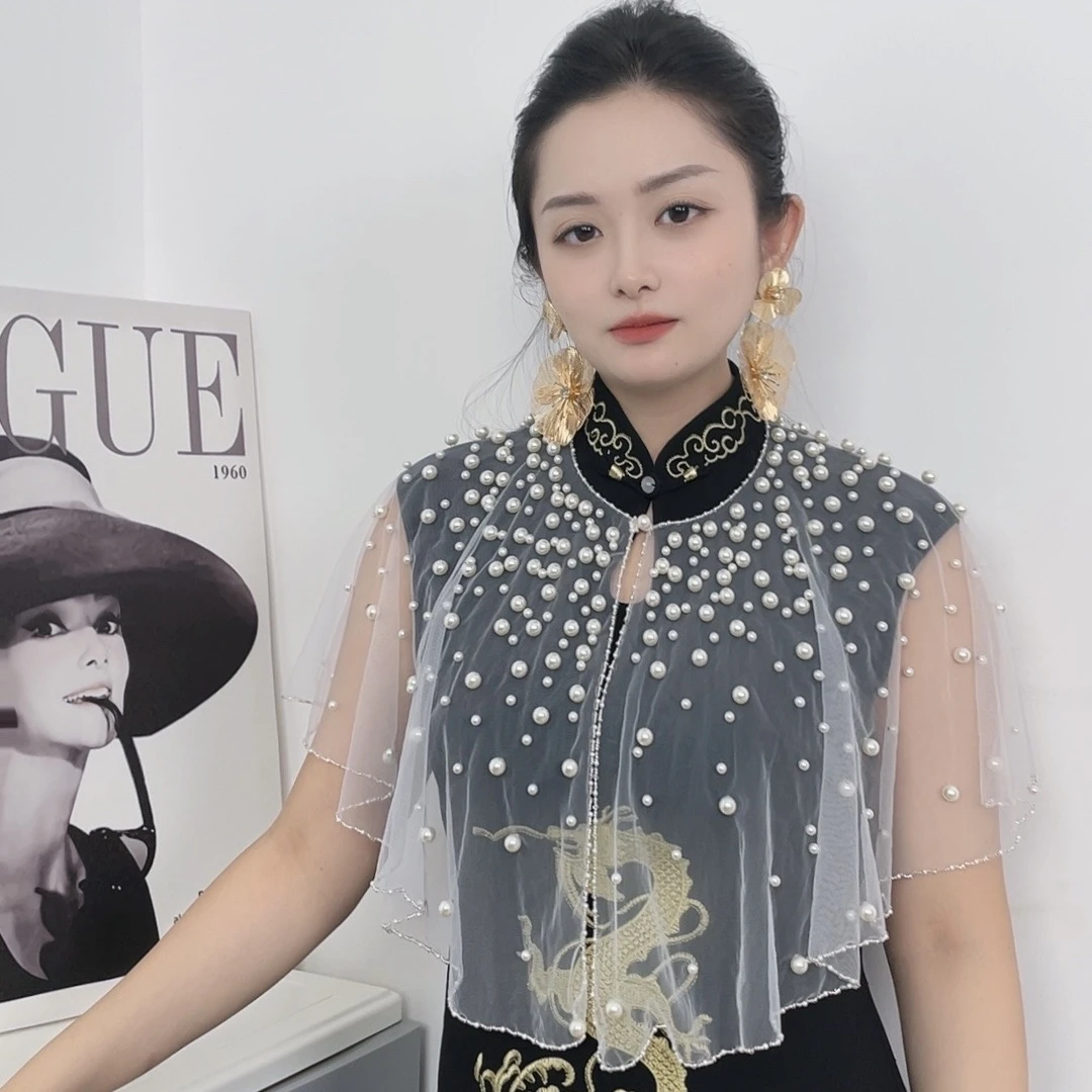 KELAODIKAIDA/夏季百搭轻纱珍珠披肩短款外披洋气外搭女士优雅风