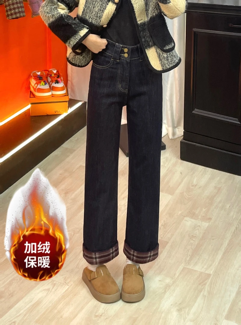 小个子定制女装牛仔裤时尚百搭直筒显瘦加厚加绒秋冬保暖牛仔裤