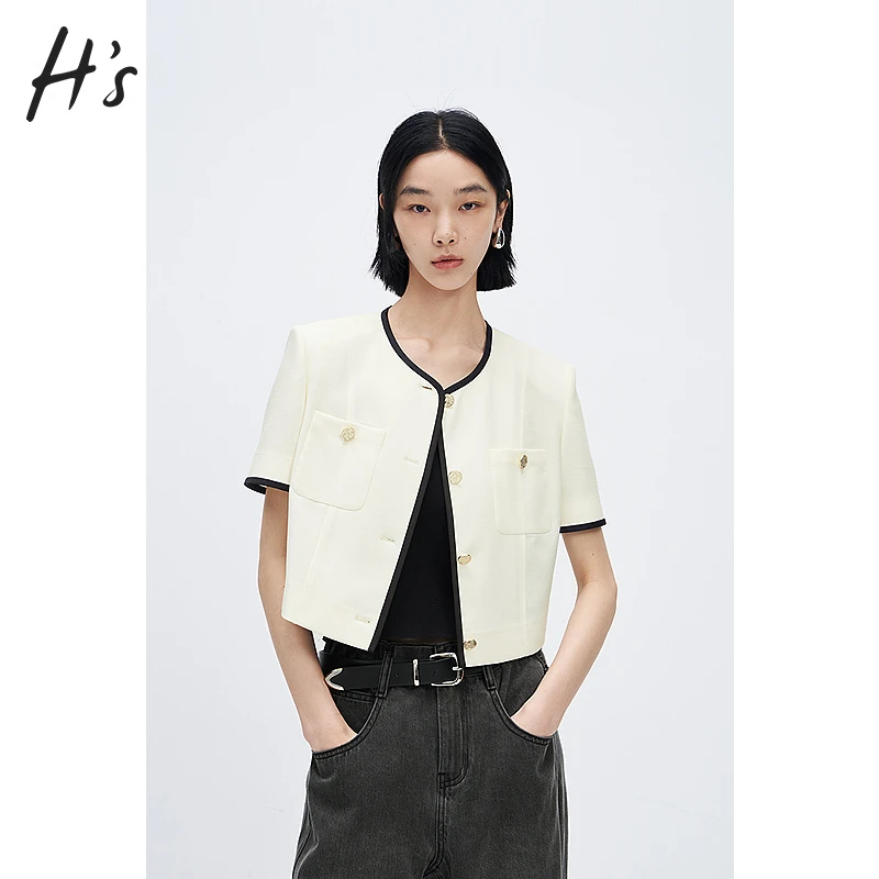 【赵老板专属7556】H'S小香风短袖外套夏装金扣精致短款