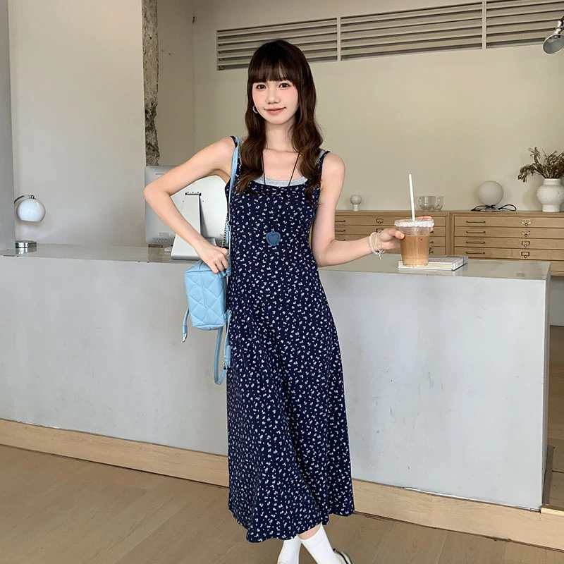 实拍实价# 吊带碎花假两件连衣裙女夏季2025新款修身显瘦收腰长裙
