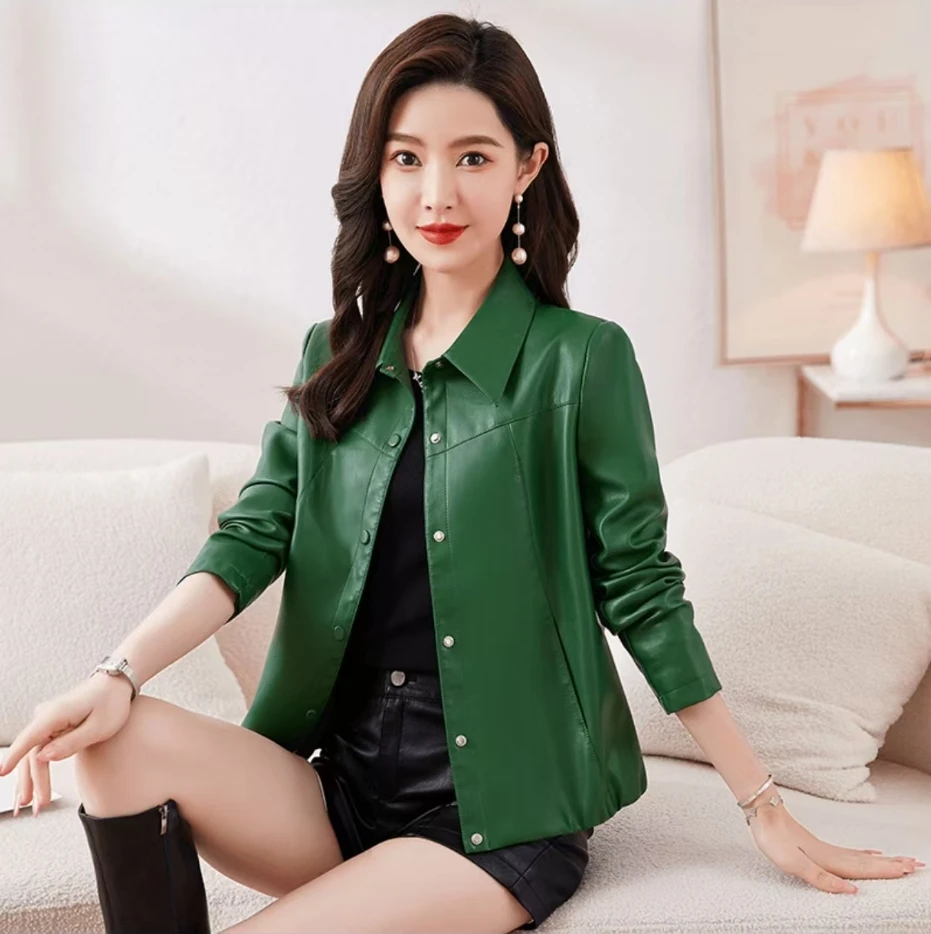 2025秋季新款帝王绿黑双色海宁皮衣女修身女装显瘦气质皮衣女外套