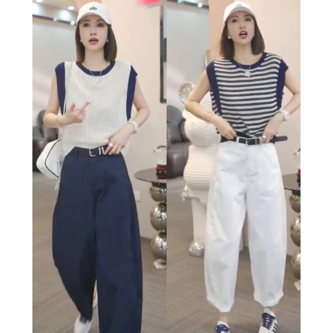 今年流行夏季爆款两件套女装飞袖小衫+九分气球裤时尚套装