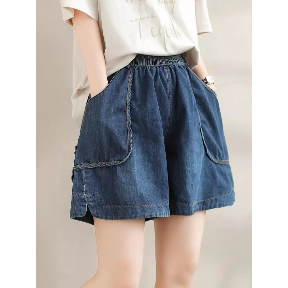 夏季新款牛仔短裤女显瘦松紧腰宽松阔腿胖mm大码薄五分裤开叉中裤