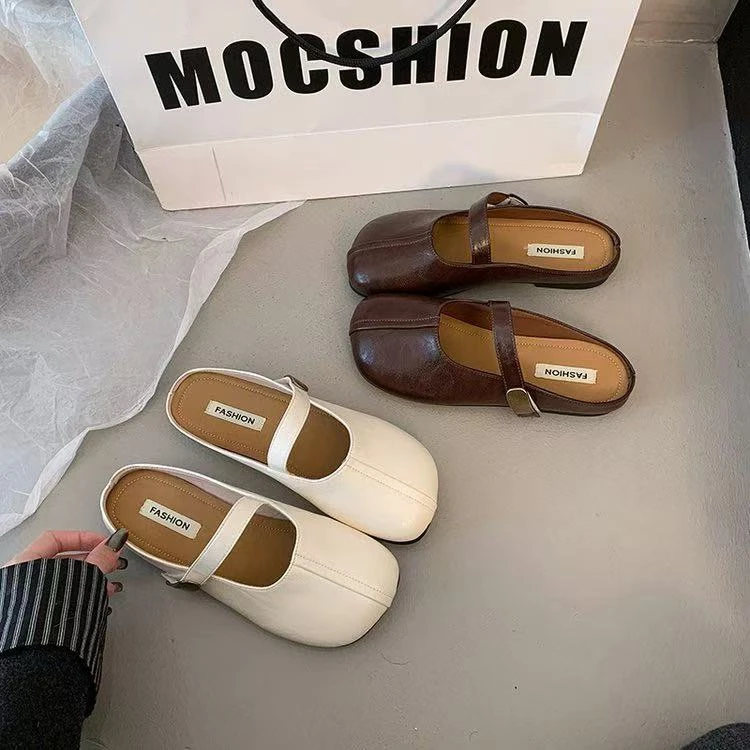 （欧）7117法式2025年春季新款时尚气质平底魔术贴包头半拖鞋