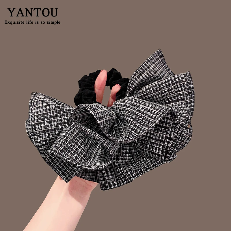 韩系格纹布艺发圈网红2024新款超大头花双层立体低马尾发绳头绳女