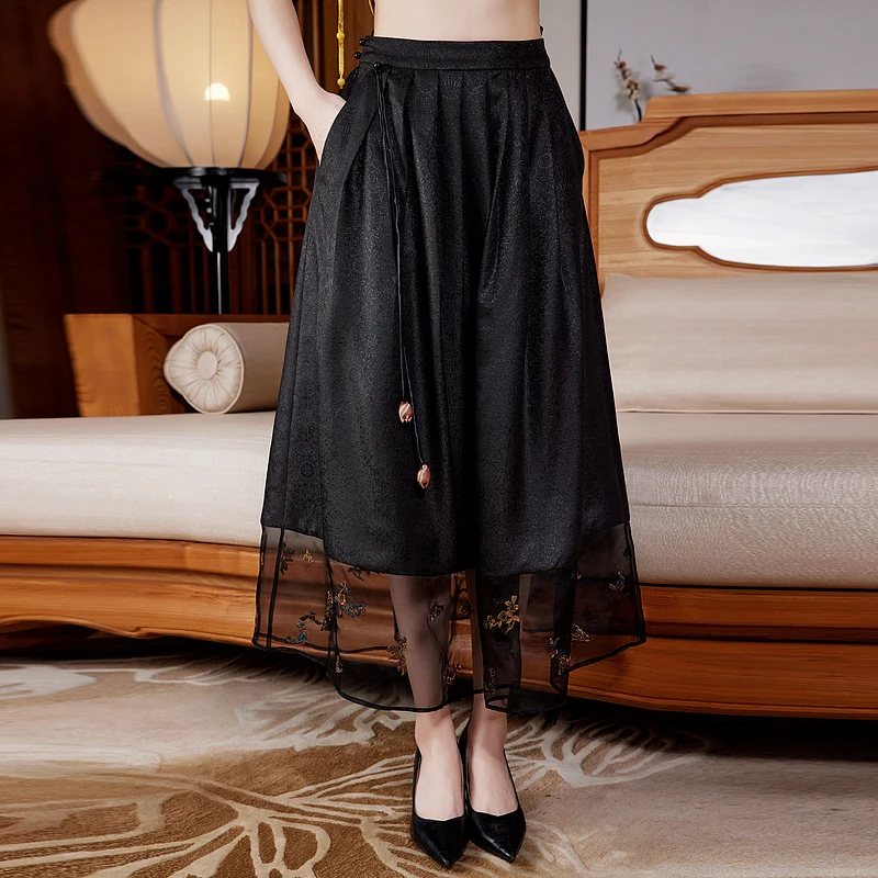 桑蚕丝香云纱国风黑色休闲复古设计中式百搭文艺四季半身裙W25632