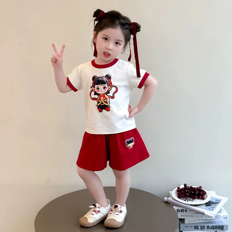 女休闲休闲风夏季卡通风哪吒套装中国风民族风孩子女宝夏装