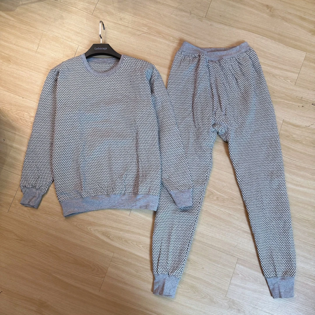 男女款小格子圆领加厚保暖内衣套装5064