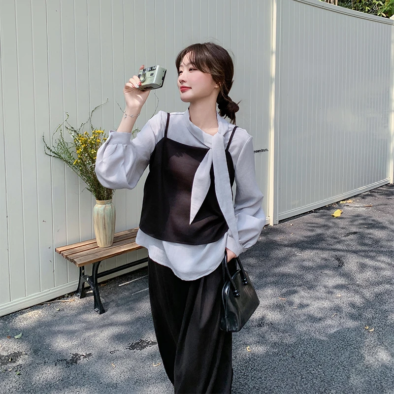 高级感气质飘带衬衫叠穿吊带阔腿裤套装三件套女早春大方得体穿搭