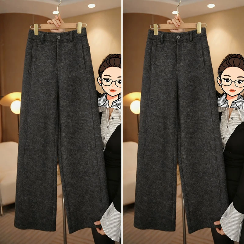 软糯绵羊毛窄版阔腿裤女2025秋冬新款休闲裤高腰显瘦加绒直筒长裤