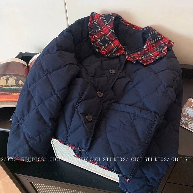 【现货+运费险】小香风菱形格棉服薄款宽松轻薄翻领夹棉YK039
