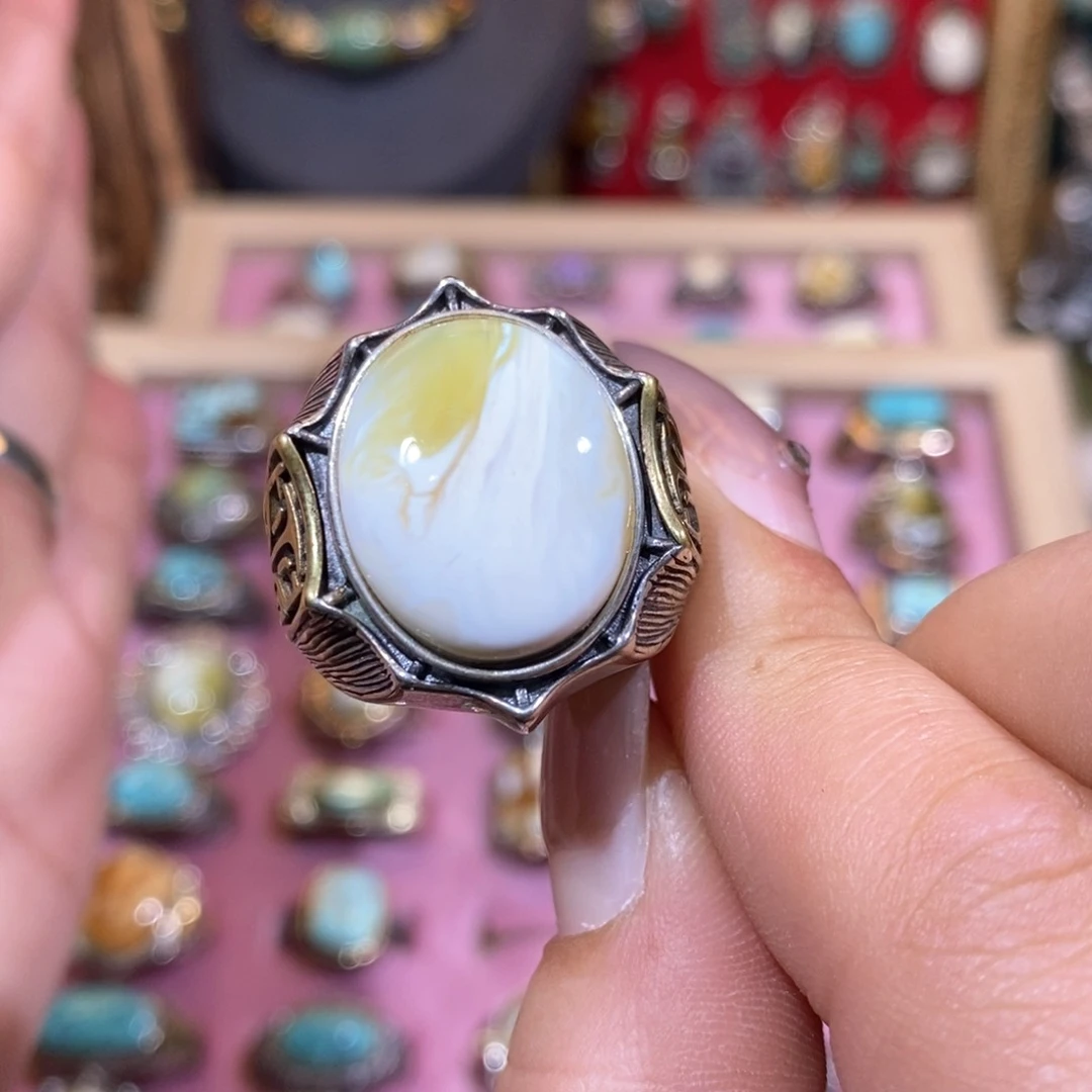 琥珀戒指银S925镶嵌m****爸戒指