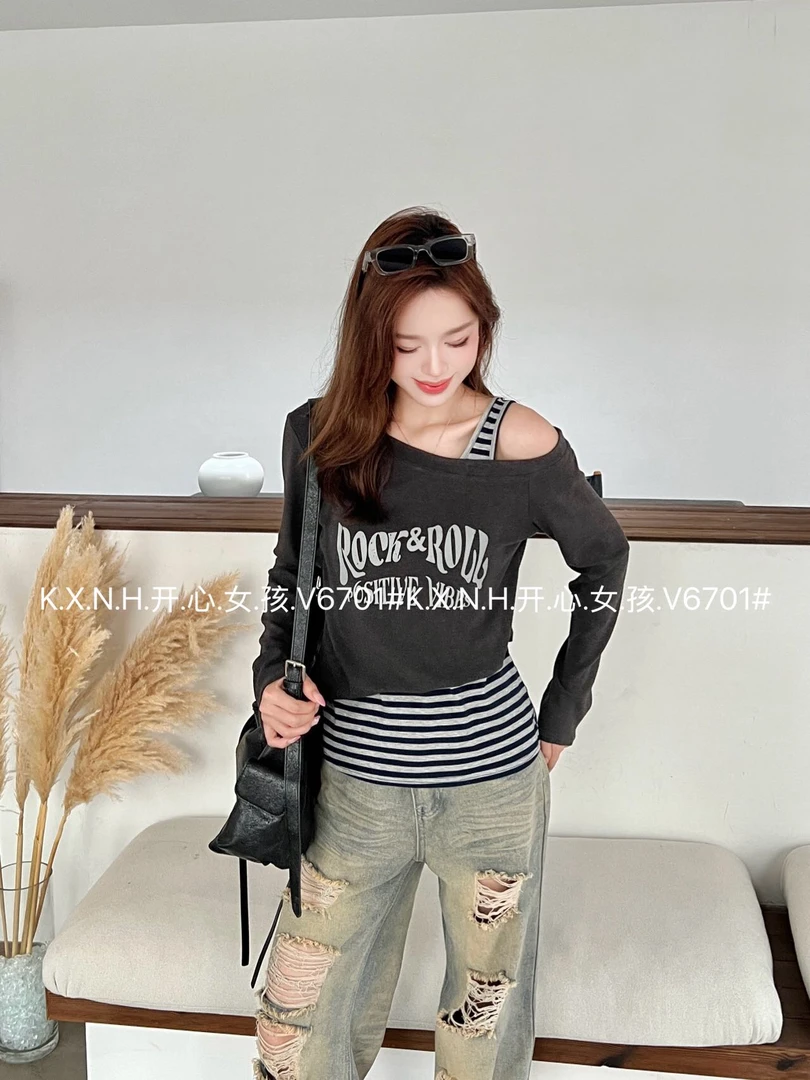 6701拼接假两件设计感上衣2025秋季新款打底撞色宽松型长袖T恤