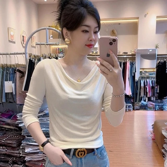 春秋季2025新款荡领长袖T恤女设计感修身显瘦减龄洋气打底衫上衣