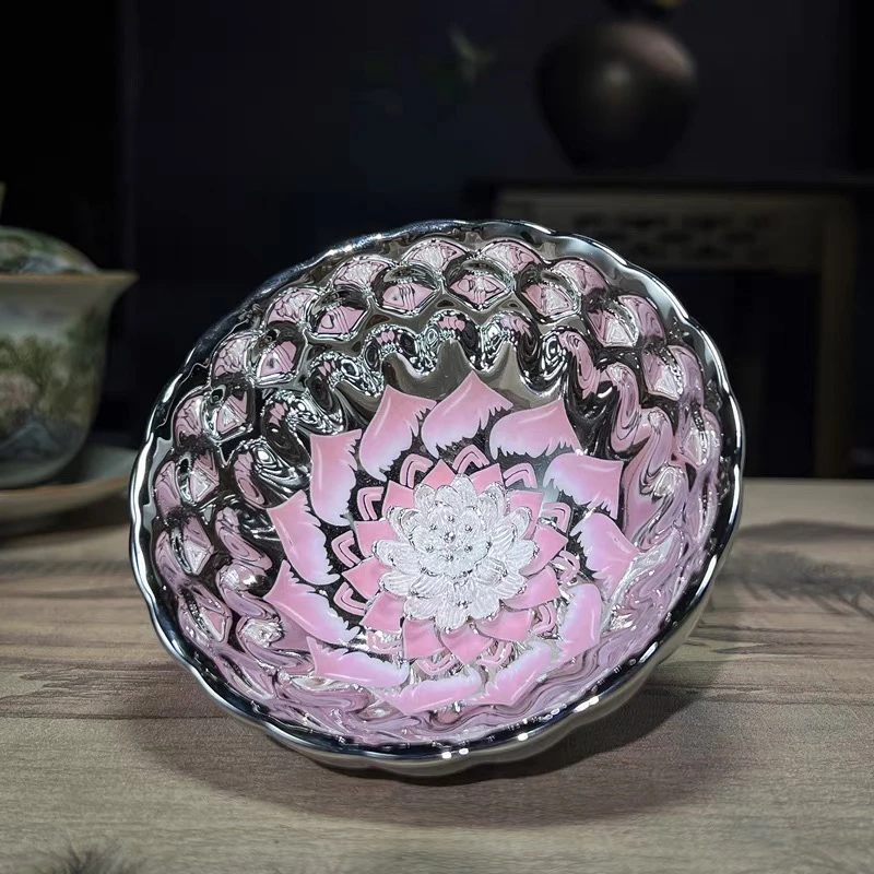 高端窑变天目瓷 金玉满堂粉莲花主人杯