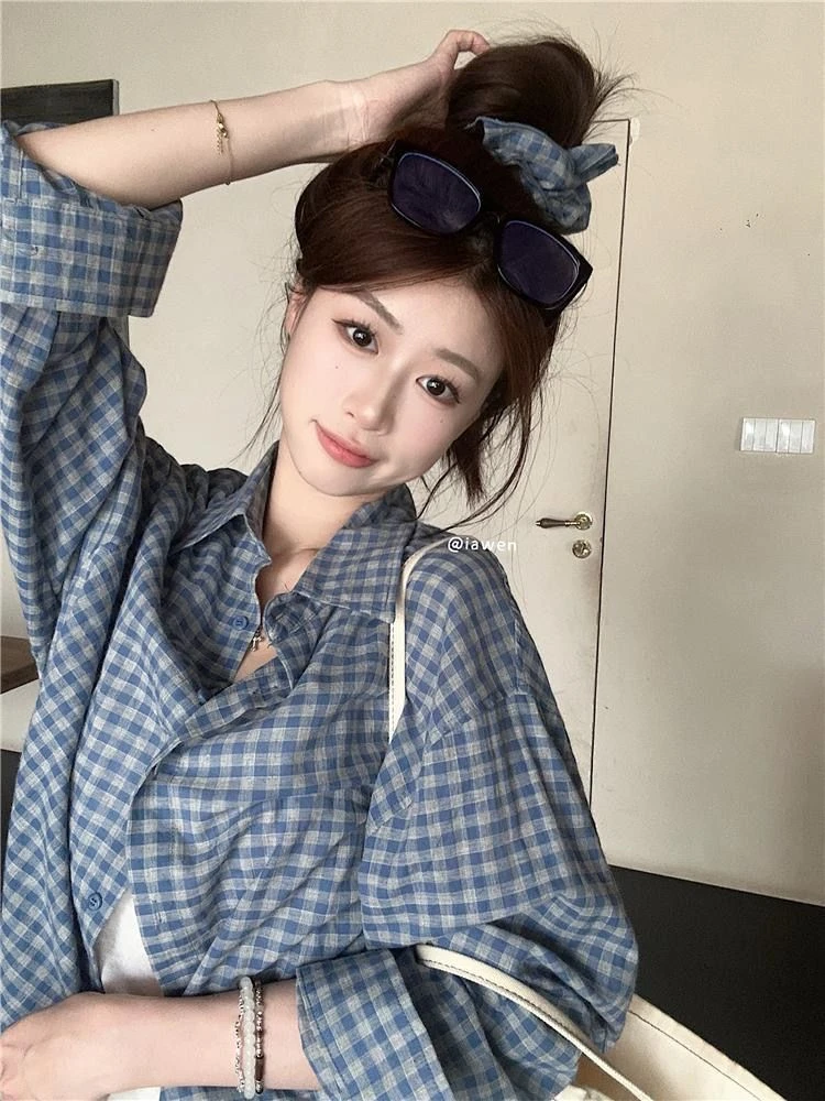 韩系穿搭蓝色复古纹格长袖衬衫女宽松慵懒风上衣夏季磨毛休闲外套
