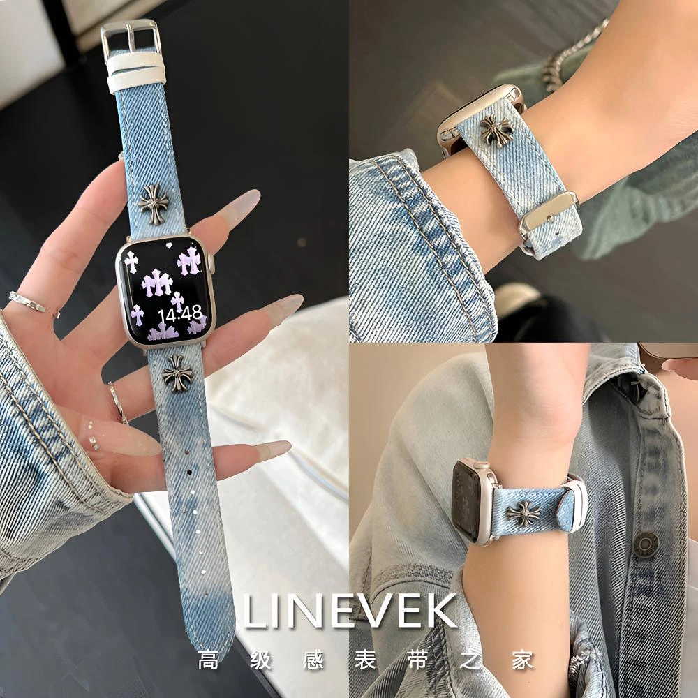 适用苹果手表表带iwatch复古扎染牛仔applewatch s11/10皮质9情侣