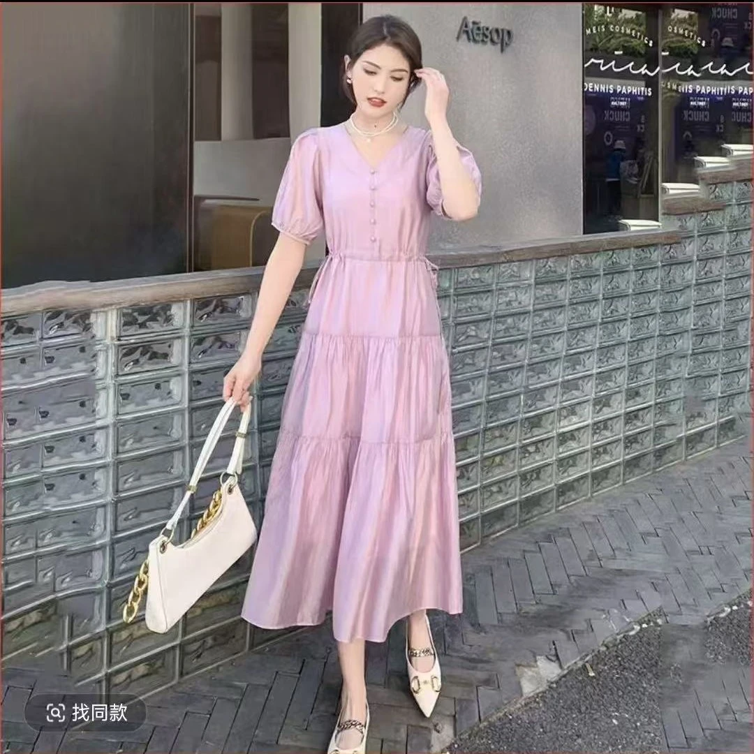 82070洋气衣服复古轻奢V领连衣裙女2025夏季新款泡泡袖法式桔梗裙