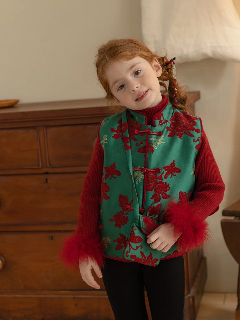 有有家·高品质儿童拼色提花挎包夹棉拜年服新中式年服马甲338