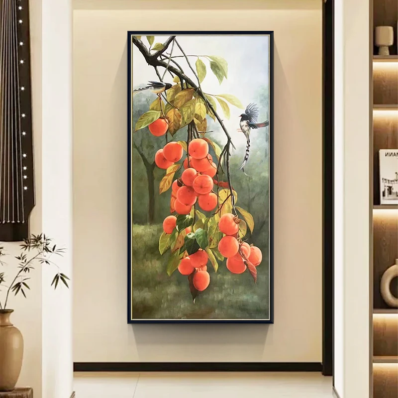 手绘油画新中式喜鹊事事如意油画客厅装饰画风景简约轻奢玄关挂画