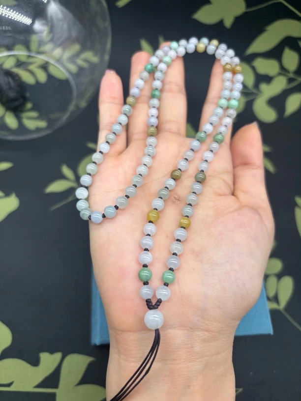 保真天然缅甸翡翠A货糯冰种三彩圆珠5mm玉石挂件绳毛衣链项链珠链