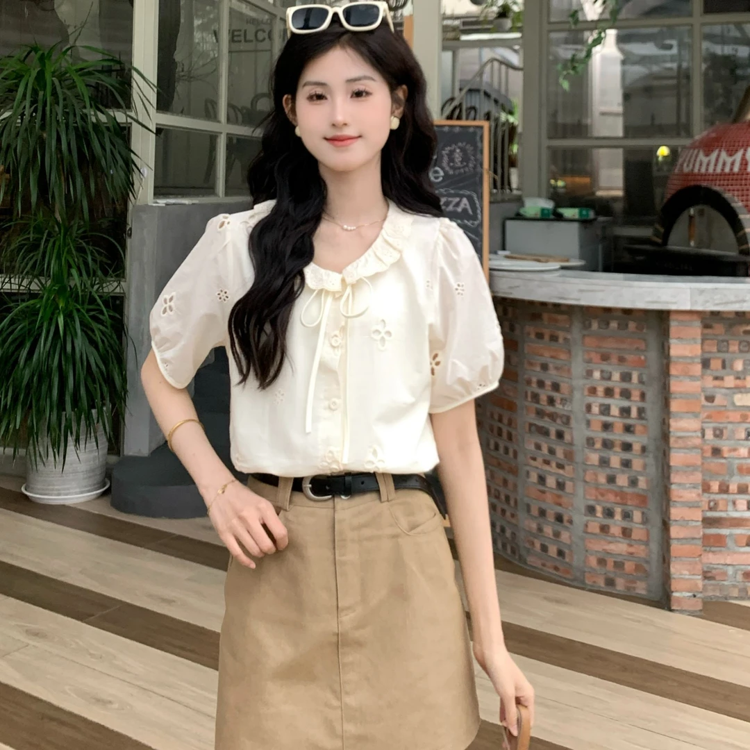 【小铃铛】TU25694法式温柔甜美泡泡袖镂空衬衫百搭显瘦小个子短袖