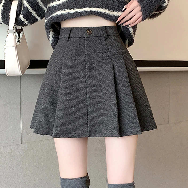 灰色加厚毛呢百褶半身裙女秋冬新款高腰显瘦防走光小个子a字短裙